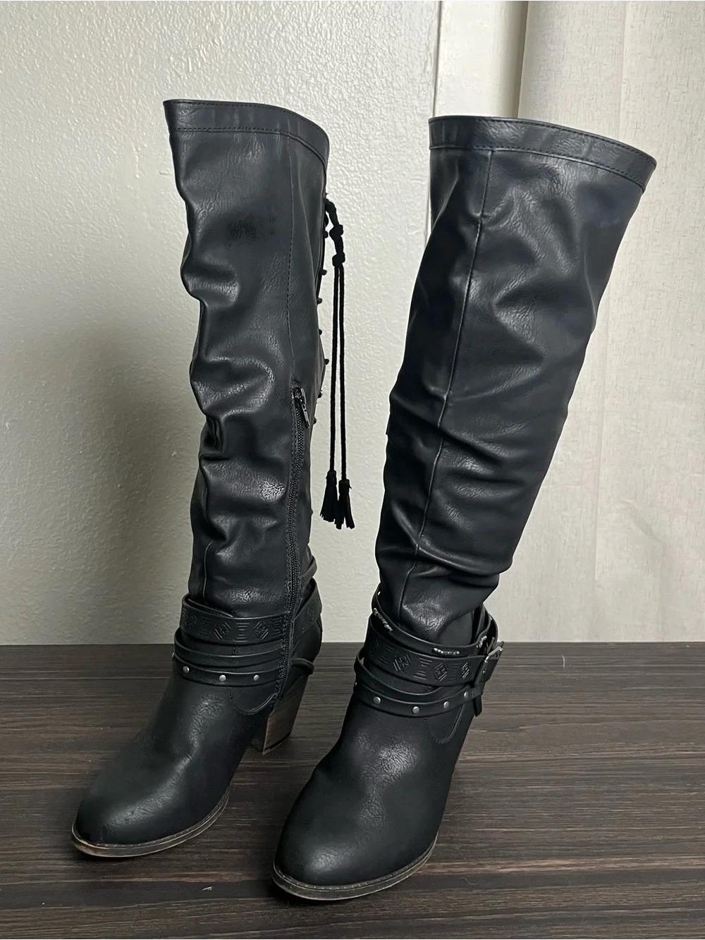 Jellypop Black Tall Leather-Style Heel Boots Western Grunge Goth Coset Lace Up